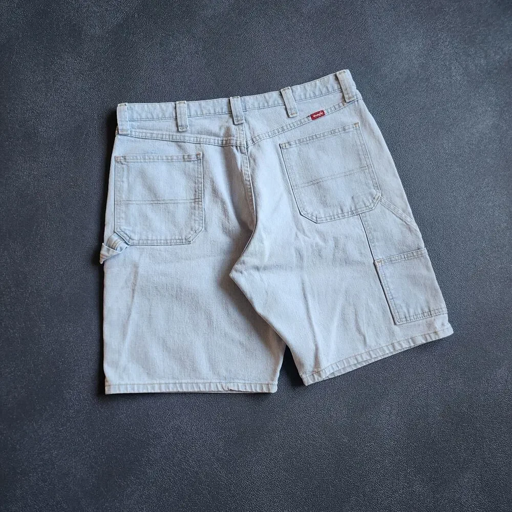 Vintage Y2K Wrangler Light Blue Denim Carpenter Dungaree Jean Shorts 36